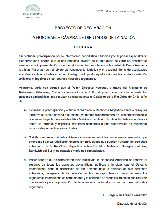 El proyecto de Declaración por los movimientos de una empresa naviera en las Islas Malvinas