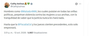 Cathy Juvinao advirtió que la falta de consecuencias judiciales frente a las agresiones contra las mujeres puede contribuir a la repetición de estas conductas - crédito @CathyJuvinao/X
