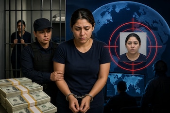 Una mujer esposada junto a una mujer policía, varios fajos de dólares y una gráfica digital con un retículo rojo rodeando su rostro.