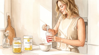 Una mujer rubia en una cocina vierte polvo de un tarro de colágeno en un vaso con bebida roja. Sobre la encimera hay un frasco de vitamina C, un cuenco y flores.