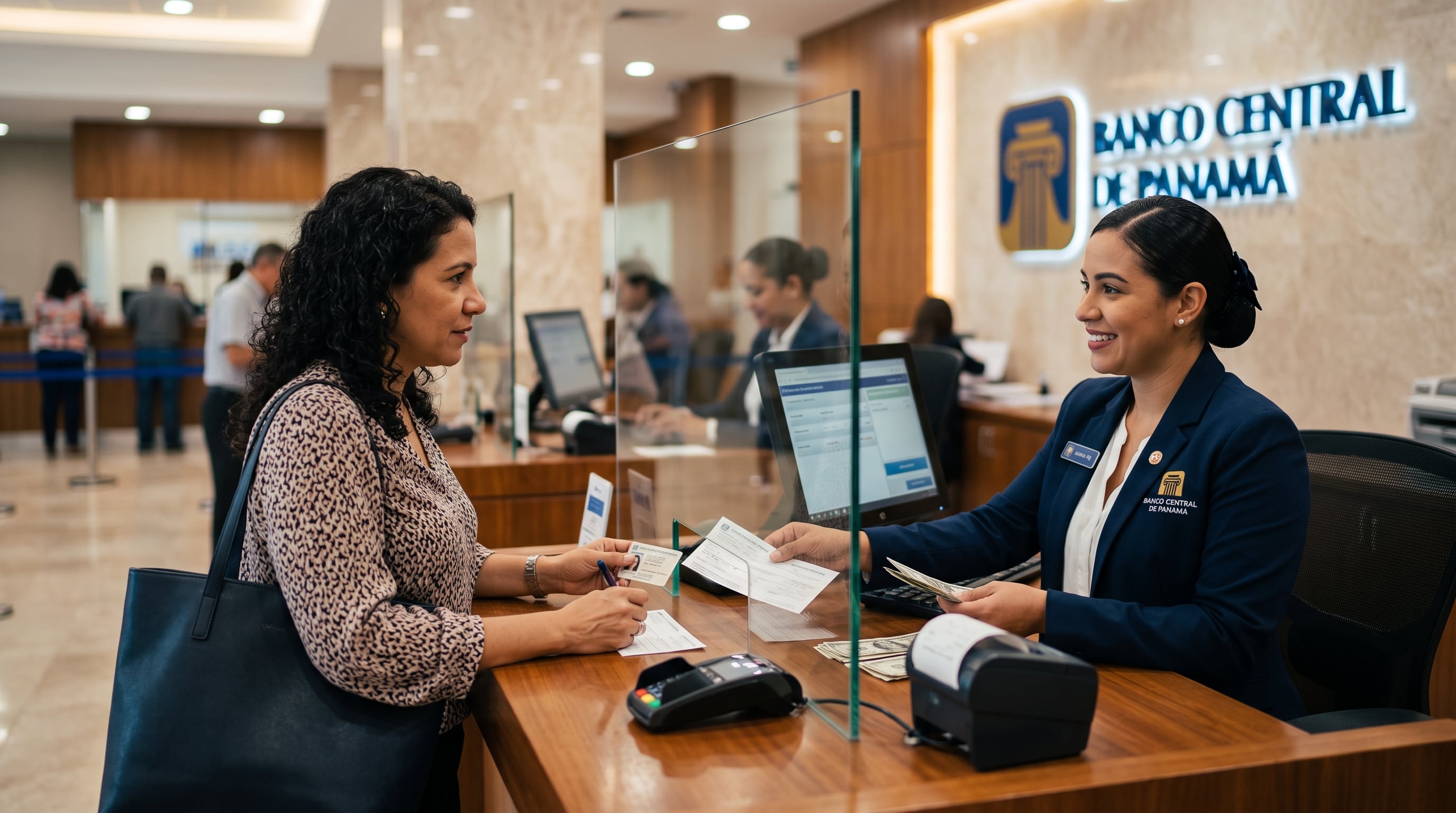 Una mujer realiza un trámite financiero y recibe billetes en la ventanilla de atención de una sucursal bancaria en Panamá. (Imagen Ilustrativa Infobae)