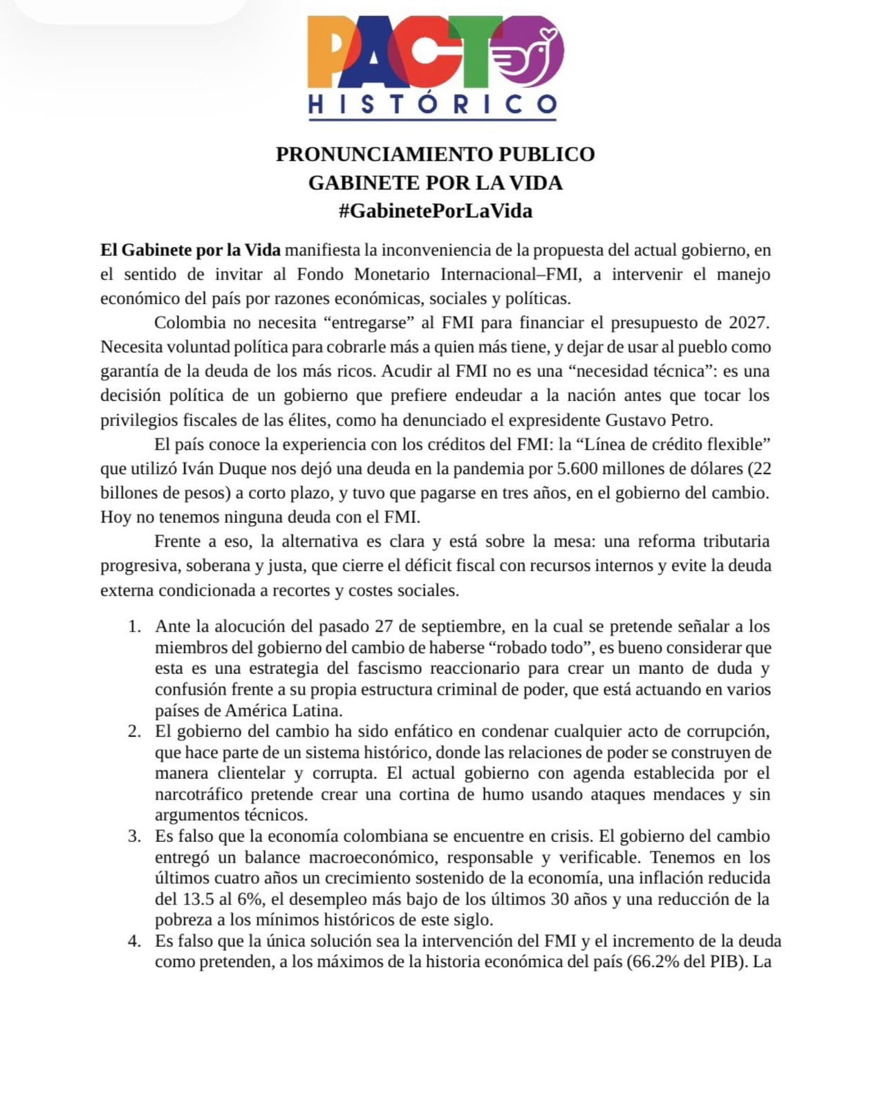 El Pacto Histórico propone recaudar recursos internos para cerrar el déficit fiscal - crédito Pacto Histórico