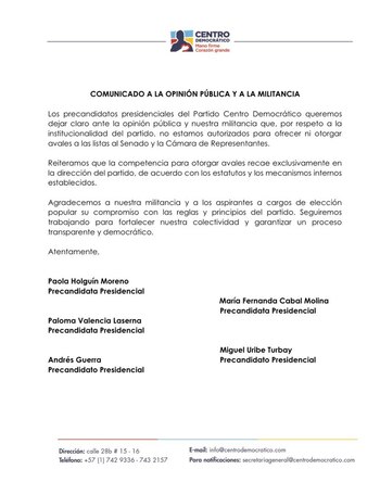 Comunicado del Centro Democrático sobre