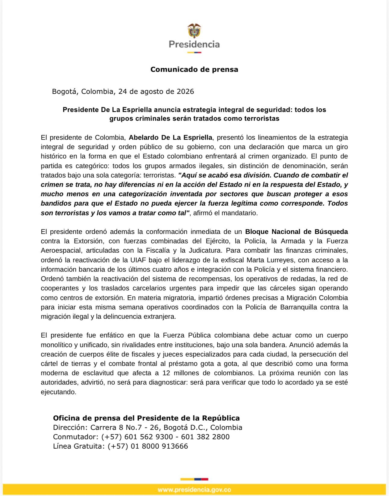 El Gobierno presentó los principales lineamientos de su nueva estrategia de seguridad y orden público. - crédito @infopresidencia/X
