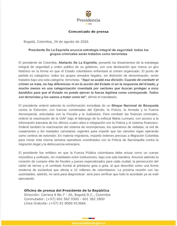 El Gobierno presentó los principales lineamientos de su nueva estrategia de seguridad y orden público. - crédito @infopresidencia/X