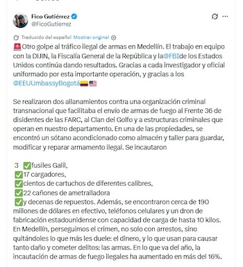 El alcalde Federico Gutiérrez enfatizó que la estrategia busca debilitar tanto el financiamiento como la operatividad de las redes criminales, más allá de las capturas - crédito Fico Gutierrez/X