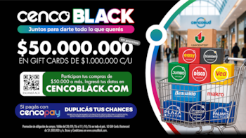 Afiche promocional con texto informativo sobre un sorteo y un carro de compras lleno de cajas de colores con logotipos
