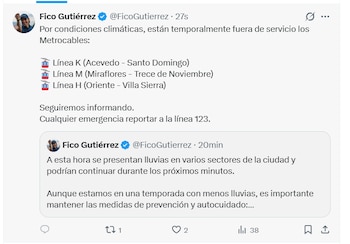 Federico Gutiérrez alertó sobre precipitaciones en distintos puntos de la ciudad, recomendó autocuidado y recordó reportar emergencias al 123 mientras continúa la vigilancia sobre movilidad y clima - crédito Federico Gutiérrez/X
