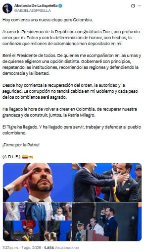 Abelardo de la Espriella hizo su primer pronunciamiento en redes sociales como presidente de Colombia - crédito @ABDELAESPRIELLA/X