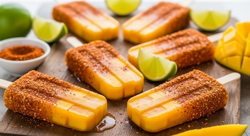 Primer plano de seis paletas de mango amarillas espolvoreadas con chile en polvo rojo, acompañadas de rodajas de lima verde y mango en una tabla de madera.