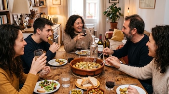 Cinco personas sentadas a una mesa de madera comen papas al ajillo, ensalada y pan mientras conversan y beben vino.