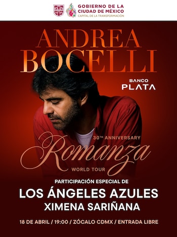Cartel del concierto de Andrea Bocelli con una imagen del tenor. Incluye el logo del Gobierno de la Ciudad de México, patrocinador Banco Plata e invitados
