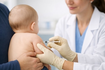 Un bebé es sostenido por un adulto, mientras un profesional de la salud con guantes inyecta una vacuna en el brazo del bebé con una jeringa.