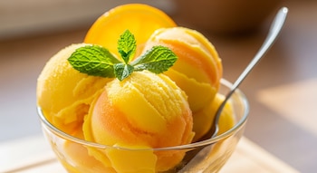 Primer plano de un tazón de vidrio transparente con tres bolas de sorbete amarillo y naranja, adornado con una ramita de menta verde y una cuchara metálica.