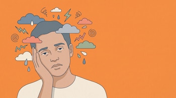 Dibujo de una persona con la mano en la cara, rodeada de nubes, rayos, gotas y espirales sobre un fondo de color naranja.