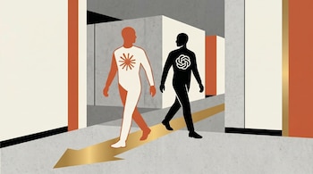 Ilustración de dos figuras minimalistas caminando sobre una flecha dorada. La figura frontal es blanca con un borde naranja y un logo de estrella; la trasera es negra con el logo de OpenAI.