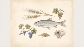 Ilustración en papel beige de espigas de trigo, dos racimos de uvas, un pez, semillas de mijo y un fragmento de hueso en sección transversal.
