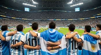 Vista trasera de siete aficionados argentinos abrazados en un estadio de fútbol, vistiendo camisetas albicelestes y una bandera, mirando el campo de juego.