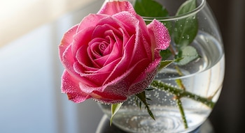 Primer plano de una rosa rosa vibrante, con pétalos cubiertos de burbujas, parcialmente sumergida en agua dentro de un vaso de cristal.