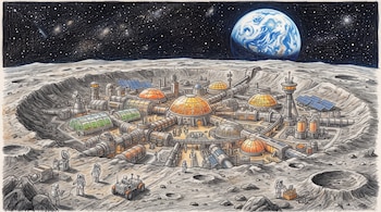 Ilustración a lápiz de color de una colonia en un cráter lunar con domos, paneles solares, astronautas, un vehículo y la Tierra al fondo.