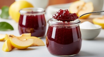 Primer plano de un frasco de jalea de membrillo bordo con una cuchara llena de jalea sobre él, junto a otro frasco, membrillos cortados y enteros, y azúcar.