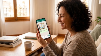 Una mujer de mediana edad con cabello rizado sonríe mientras mira su teléfono móvil, que muestra un mensaje de WhatsApp de "Feliz día mamá" y un dibujo.