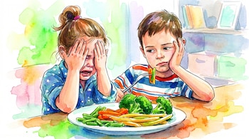 Ilustración acuarela de una niña llorando y un niño con expresión de disgusto ante un plato con judías verdes, zanahorias y brócoli, sobre una mesa de madera.