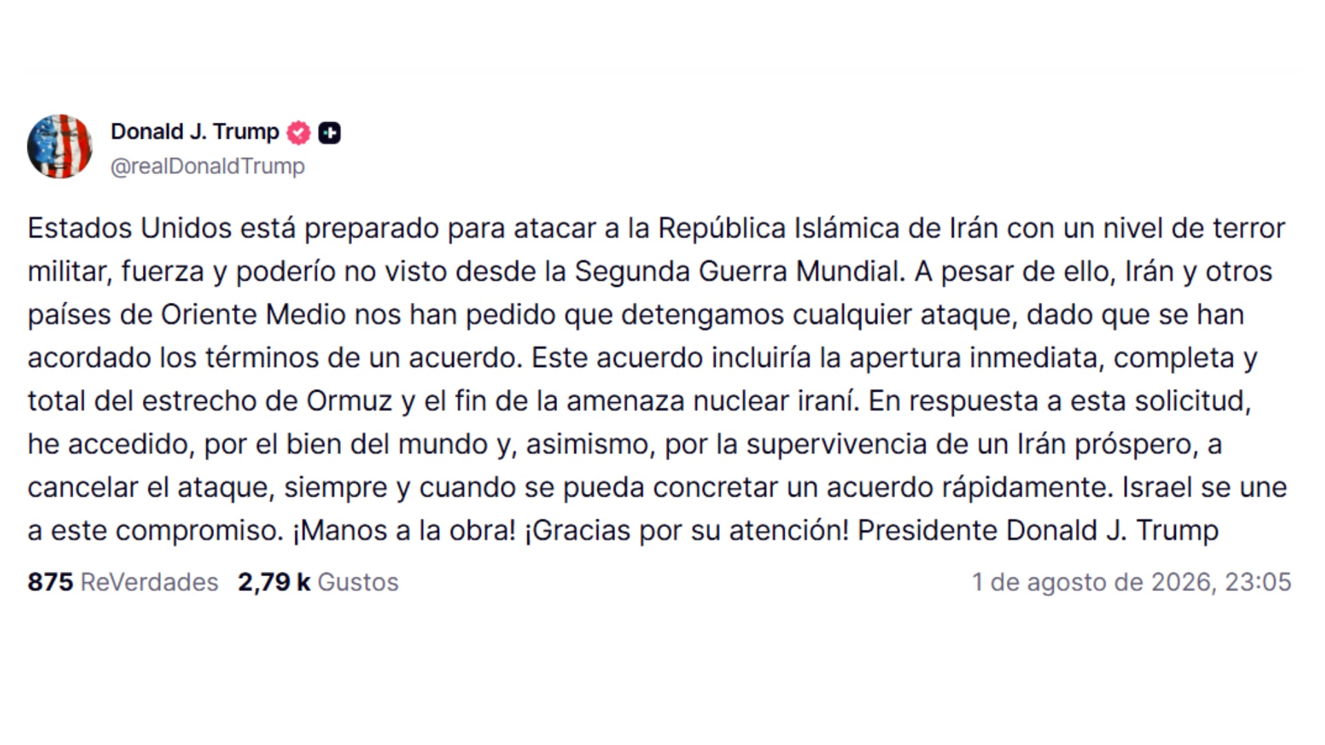 El mensaje de Donald Trump sobre el reciente pre acuerdo alcanzado con Irán (@realDonaldTrump)