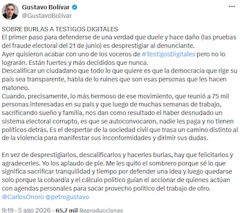 Gustavo Bolívar defiende a colectivo ciudadano tras críticas por denuncias en los comicios del 21 de junio - crédito @GustavoBolivar/X