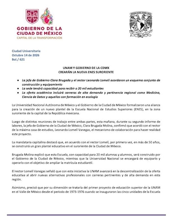 Un documento de prensa impreso con escudos del Gobierno de la Ciudad de México y de la UNAM, encabezado por un título y párrafos de texto