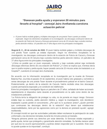 El cabildante señaló que Balanta Paz tuvo que esperar 20 minutos para que los agentes lo llevaran hasta el hospital Cardiovascular de Soacha, y allí se reportó su deceso por una arritmia cardíaca - crédito oficina de prensa concejal Jairo Avellaneda