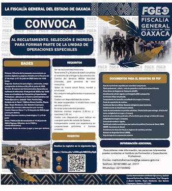 Infografía de la convocatoria compartida por la Fiscalía de Oaxaca. Crédito: FGEO