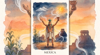 Ilustración de un sacerdote prehispánico con penacho y sahumerio entre maizales, pirámides, una nube de lluvia y el sol.