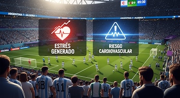 Partido de fútbol en un estadio lleno entre Argentina y Argelia, con la puntuación 1-1. Paneles superpuestos muestran 'Estrés Generado' (corazón) y 'Riesgo Cardiovascular' (triángulo).