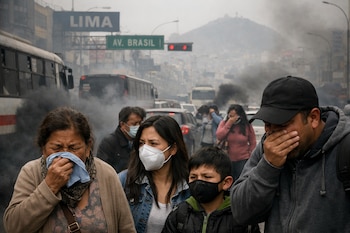 Personas en una calle concurrida de Lima con humo negro de vehículos. Algunos se cubren la boca o usan mascarillas, con un letrero de 'Lima' al fondo.