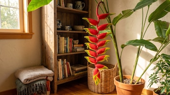 Flor de Heliconia roja y amarilla en una maceta, junto a una estantería de madera rústica con libros y cerámica. Luz solar entra por una ventana.
