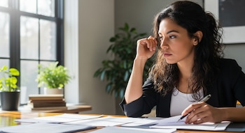 Mujer latina con cabello rizado y expresión seria, sentada en un escritorio. Viste blazer negro, sosteniendo un bolígrafo sobre documentos bajo luz natural de una ventana.