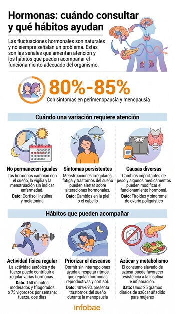 Infografía explicativa con texto, gráficos e ilustraciones sobre salud hormonal, síntomas y hábitos diarios de bienestar.