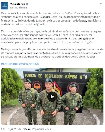 Capturado en Bolívar al principal cabecilla de la subestructura Erlin Pino Duarte del Clan del Golfo - crédito @mindefensa/X