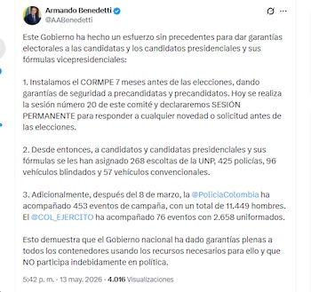El ministro Armando Benedetti aseguró que el Gobierno ha hecho un esfuerzo sin precedentes para dar garantías electorales a las candidatas y los candidatos presidenciales - crédito @AABenedetti/X