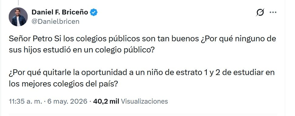 Daniel Briceño cuestionó por qué los hijos de Gustavo Petro no asistieron a colegios públicos - crédito @Danielbricen/X