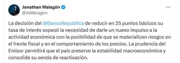 Jonathan Malagón, presidente de Asobancaria, aseguró que la decisión del Banco de la República hará que se consolide la senda de reactivación - crédito @JoMalagon/X
