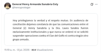 La conciliación estableció que nunca se ordenó ni se solicitó suspender operaciones contra el Clan del Golfo ni contra otro grupo armado ilegal - crédito @henryproteger/X