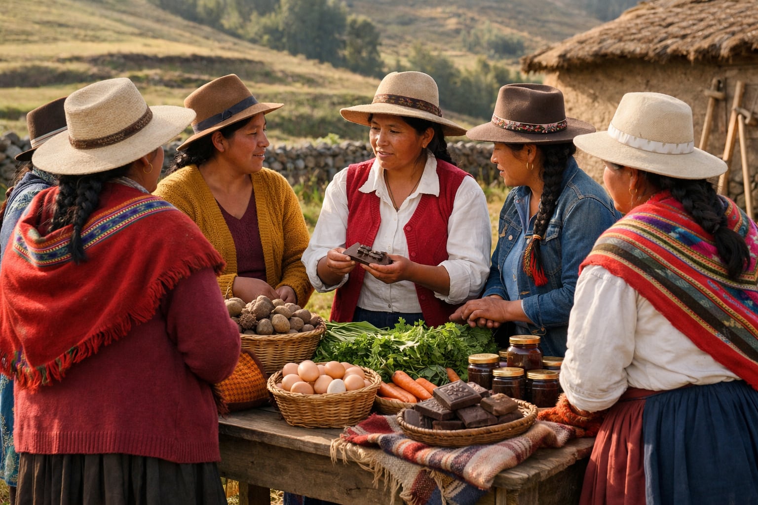 Mujeres de la Red de Madres Emprendedoras Rurales ofrecen sus productos agrícolas y artesanales en un mercado al aire libre andino, promoviendo el desarrollo económico local. (Imagen Ilustrativa Infobae)