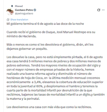 Mensagem de Gustavo Petro ao novo Governo da Colômbia - crédito @petrogustavo/X