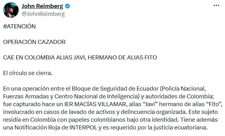 El ministro del Interior de Ecuador, John Reimberg, anunció la captura tras una operación conjunta con Colombia. - crédito @JohnReimberg/X