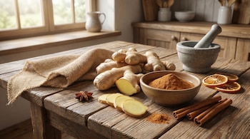 Mesa de madera con jengibre, rodajas de jengibre, canela en polvo y en rama, anís estrellado, y rodajas de naranja seca, junto a un mortero.