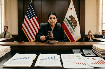 Una jueza con túnica negra sostiene un mazo en un estrado de madera. Detrás, banderas de Estados Unidos y California. Sobre el estrado, documentos y calculadoras