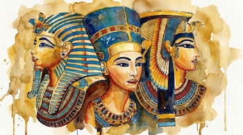 Ilustración en acuarela de tres figuras del antiguo Egipto: un faraón con tocado Nemes, la Reina Nefertiti y otra figura real con tocado elaborado.