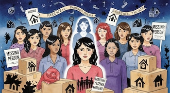Ilustración de mujeres con expresión de preocupación, cajas de cartón, carteles "Missing Person" y cintas "Farewell". Silueta central identificada como Martha Yesenia Moreno.